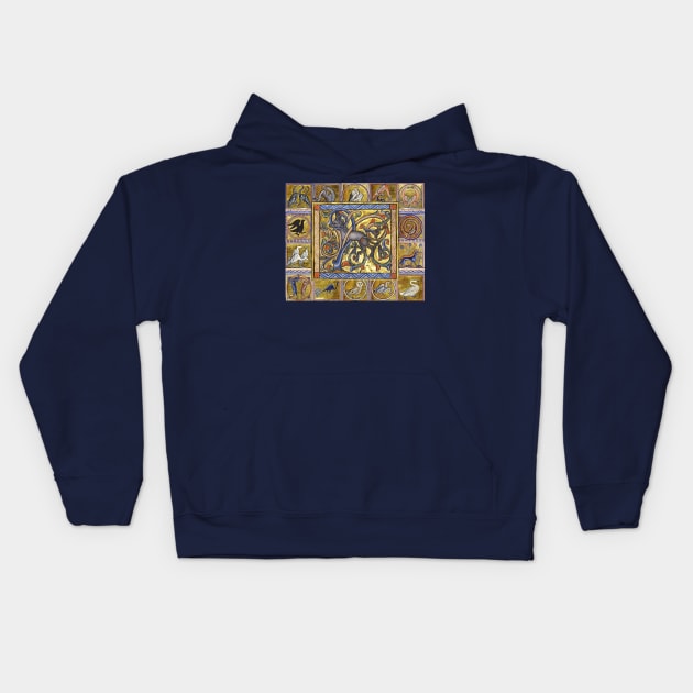 MEDIEVAL BESTIARY,ANTELOP WITH HORNS, FANTASTIC ANIMALS IN GOLD RED BLUE COLORS Kids Hoodie by BulganLumini